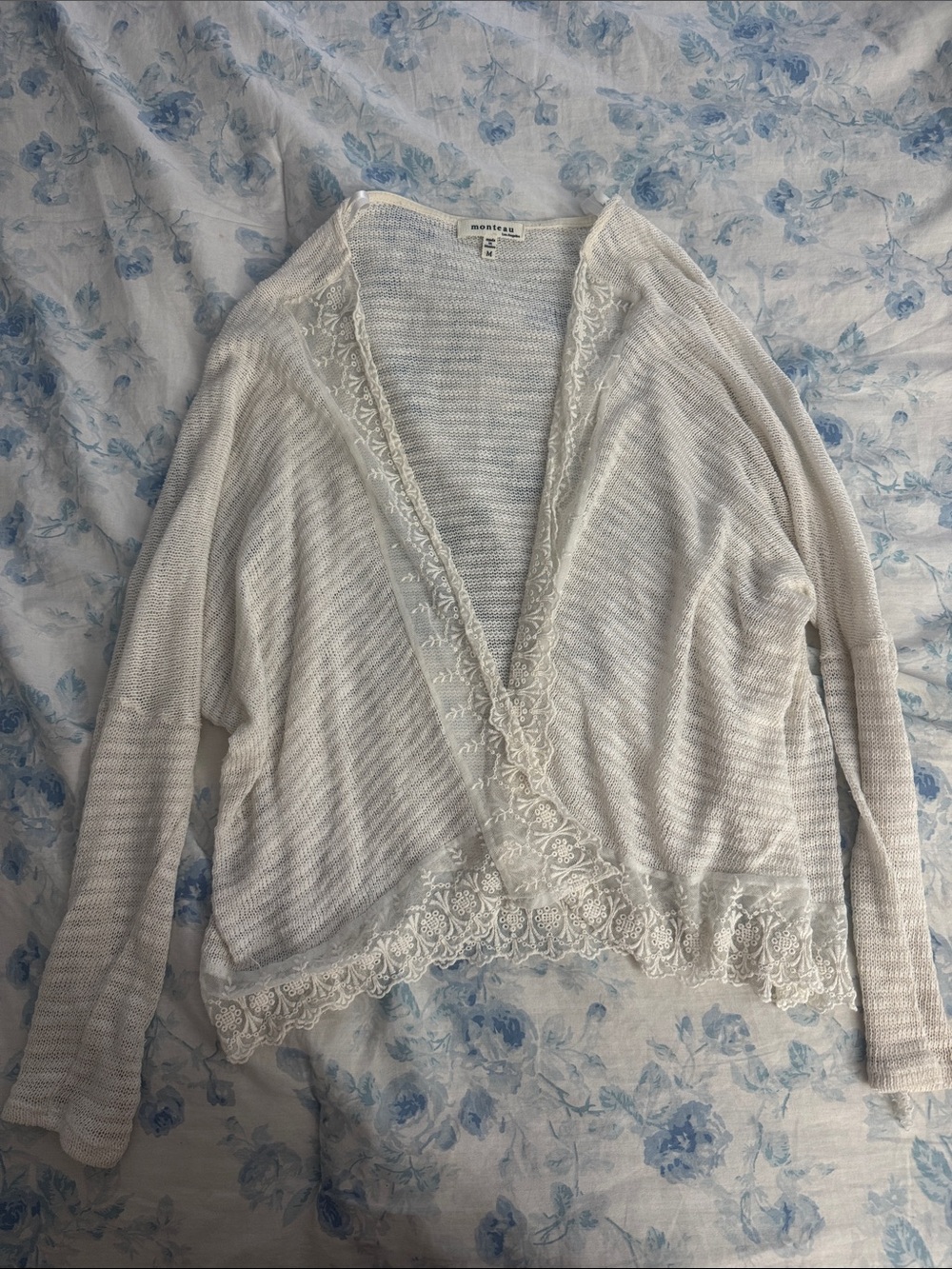 White Lace-Trim Open Cardigan Sweater